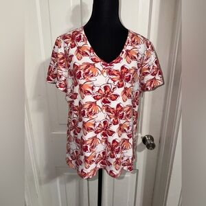Women's size large Laura Scott Floral V-Neck Top - Red and Orange, shirt
